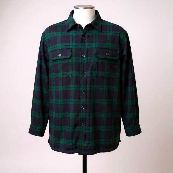 LL Bean Flannel Shirt Sz XL Green Black Plaid Lined Shacket Button Up Utility - Picture 1 of 8